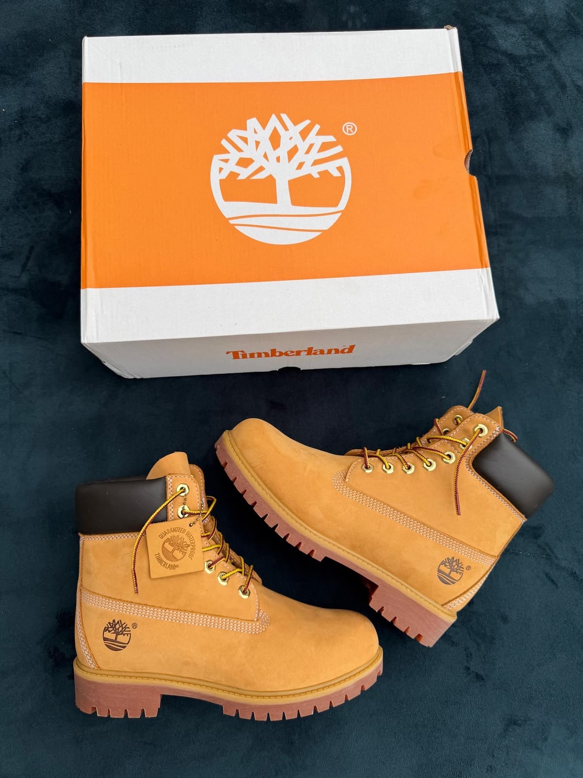 Timberland 6 Inch Premium Wheat boots with orange box